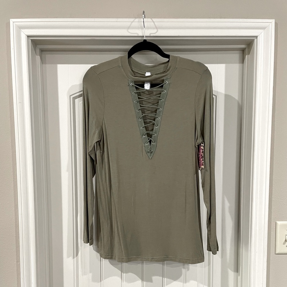 NEW with tags - Olive green v-neck long sleeve top
